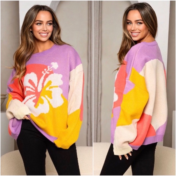 1 LEFT! Gorgeous Transitional Winter To Spring Hibiscus Hawaiian Flower Sweater - Picture 3 of 3